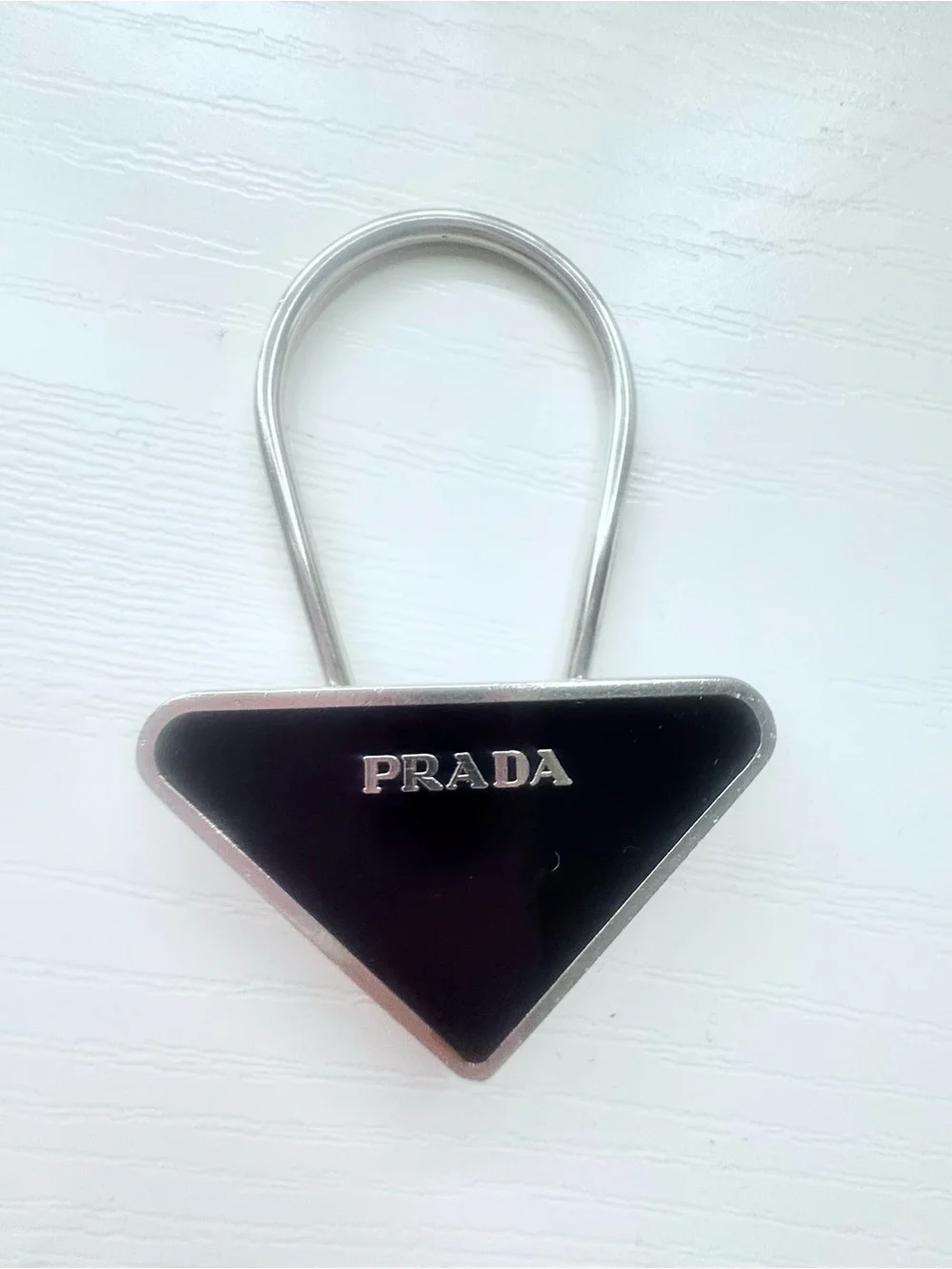 Prada Black Triangle Key & Card Holder with Silver Loop